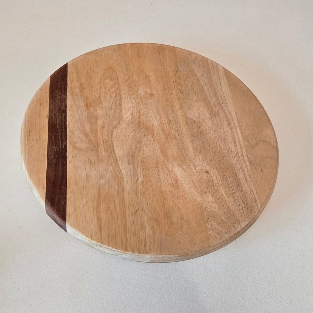 Round Wooden Lazy Susan Rotating Serving Tray with Dark Wood Inlay Stripe 14"